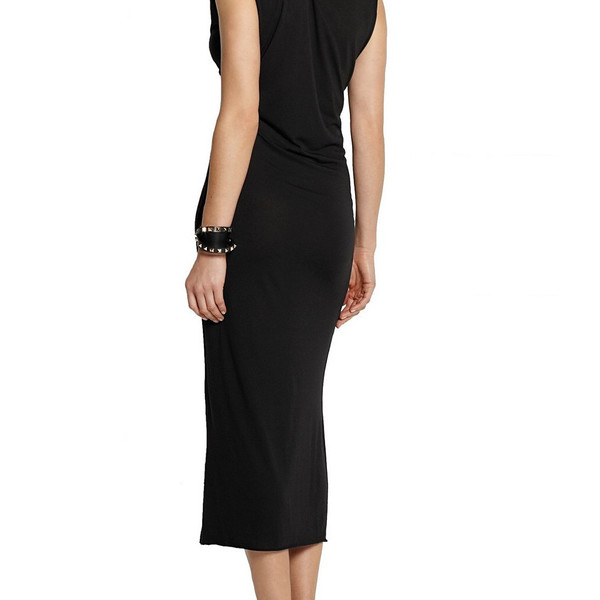Black wrap effect jersey dress Fitted over the knee dress with draped neckline Black wrap effect jersey dress Fitted over the knee dress with draped neckline