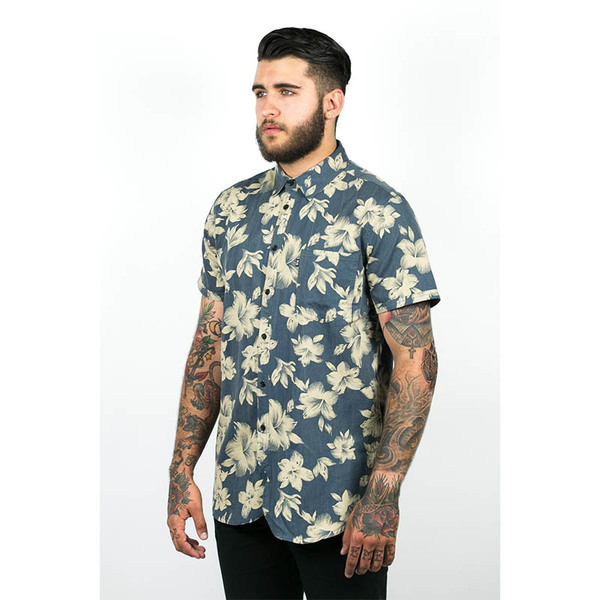 Men's Wolf & Man Malphite - blue beige hawaiian floral shirting Men's Wolf & Man Malphite - blue beige hawaiian floral shirting