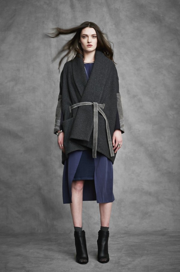 Laura Siegel Wool Wrap Coat with Leather Sleeves Laura Siegel Wool Wrap Coat with Leather Sleeves
