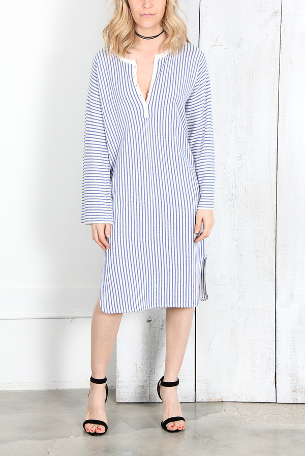 Raquel Allegra IVORY BLUE STRIPE CASHMERE HENLEY TUNIC DRESS Raquel Allegra IVORY BLUE STRIPE CASHMERE HENLEY TUNIC DRESS