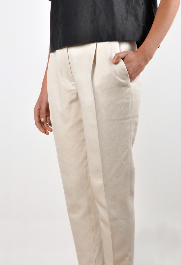 Waltz Ankle-Length Pleated Trouser in Ivory Textured Raw Silk Waltz Ankle-Length Pleated Trouser in Ivory Textured Raw Silk