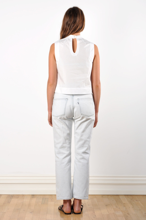Waltz Mock Neck Sleeveless Tee in White Cotton Poplin Waltz Mock Neck Sleeveless Tee in White Cotton Poplin