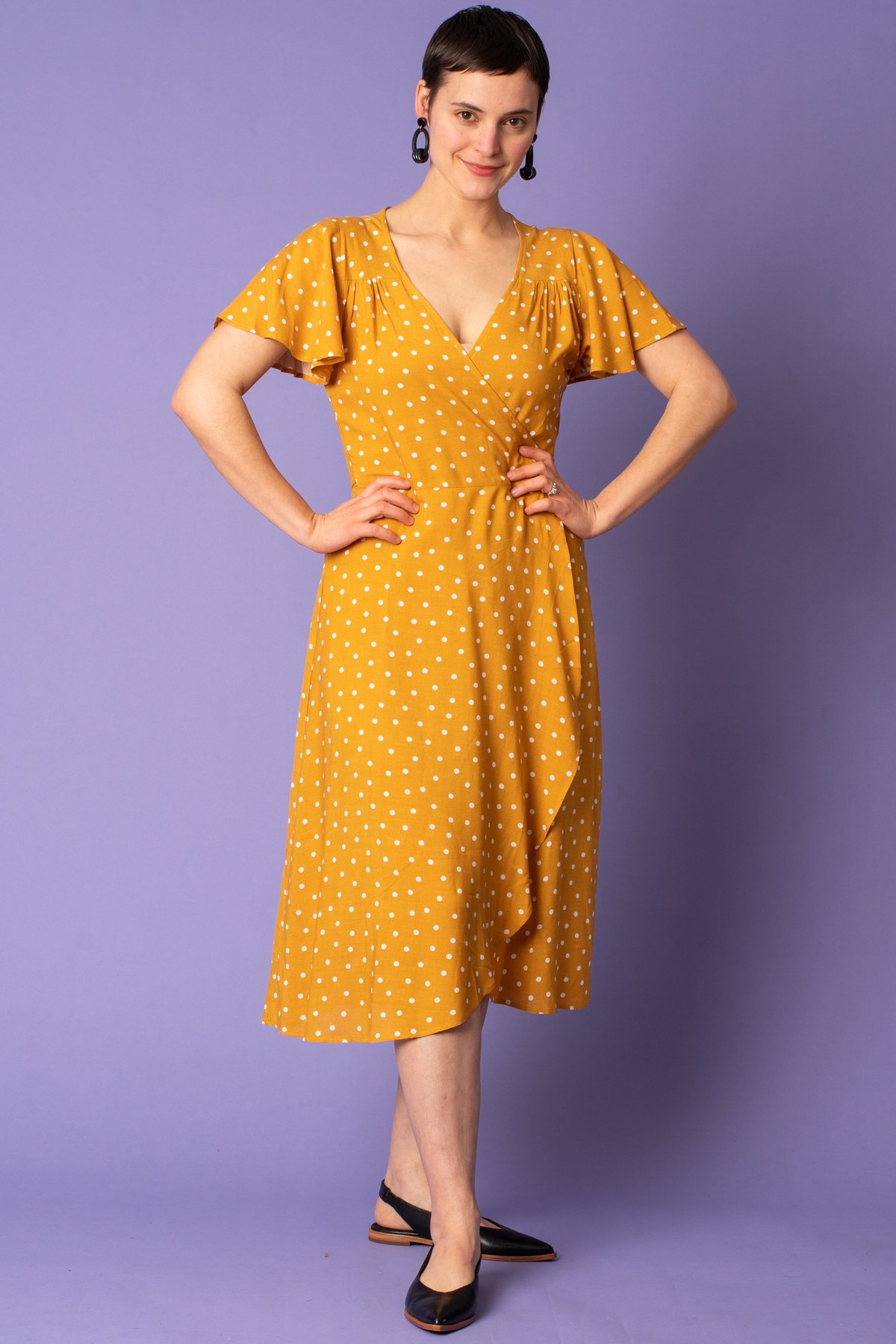 mustard polka dot wrap dress