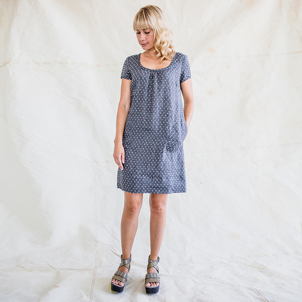 Nuthatch washed linen shirred dress - grey dot Nuthatch washed linen shirred dress - grey dot