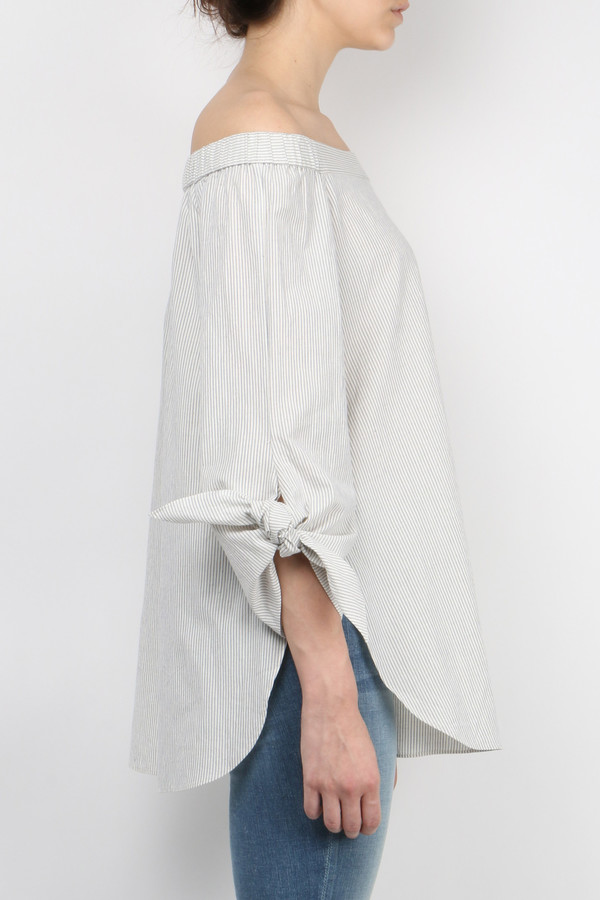 Tibi Stripe Shirting Off Shoulder Tunic Tibi Stripe Shirting Off Shoulder Tunic