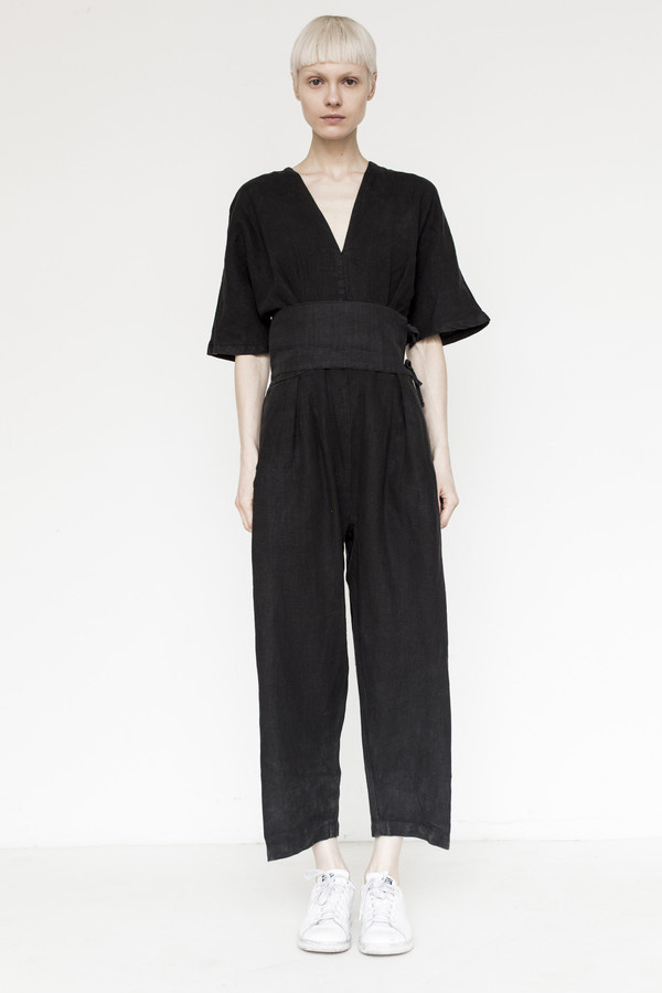 Black Crane Linen V-Neck Jumpsuit Black Crane Linen V-Neck Jumpsuit