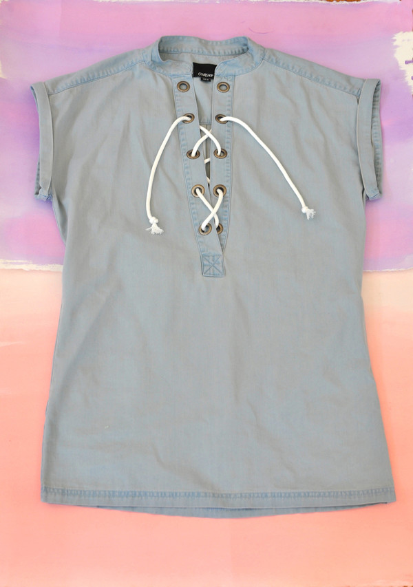 Courtshop "Kim" Lace Up Deep V Chambray Dress Courtshop "Kim" Lace Up Deep V Chambray Dress