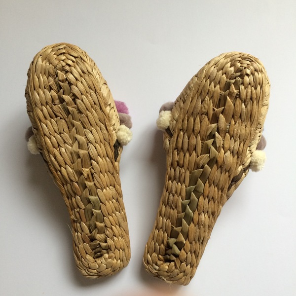 Folk Fortune taupe and plum pom pom slippers Folk Fortune taupe and plum pom pom slippers