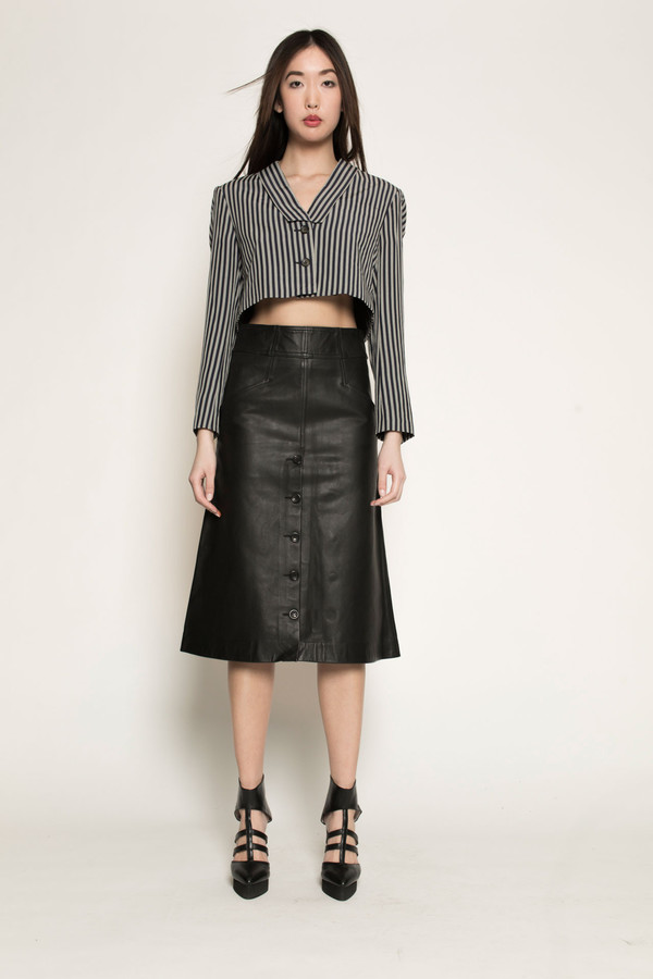 Dzojchen Mid-Length High-Waisted Leather Skirt in Black Leather Dzojchen Mid-Length High-Waisted Leather Skirt in Black Leather