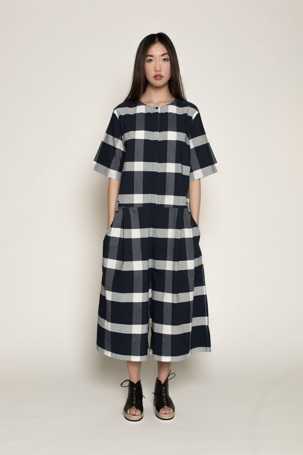 Kowtow Pen to Paper Jumpsuit in Navy/White Check Kowtow Pen to Paper Jumpsuit in Navy/White Check