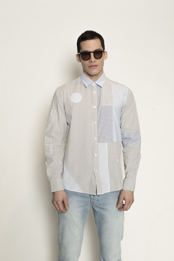 Men's Soulland Stitch Button Down Patchwork Shirt in Blue/White Men's Soulland Stitch Button Down Patchwork Shirt in Blue/White