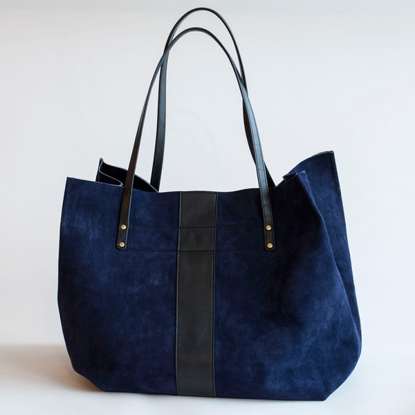 Kempton & Co Suede Stripe Leather Tote Navy/Black Kempton & Co Suede Stripe Leather Tote Navy/Black