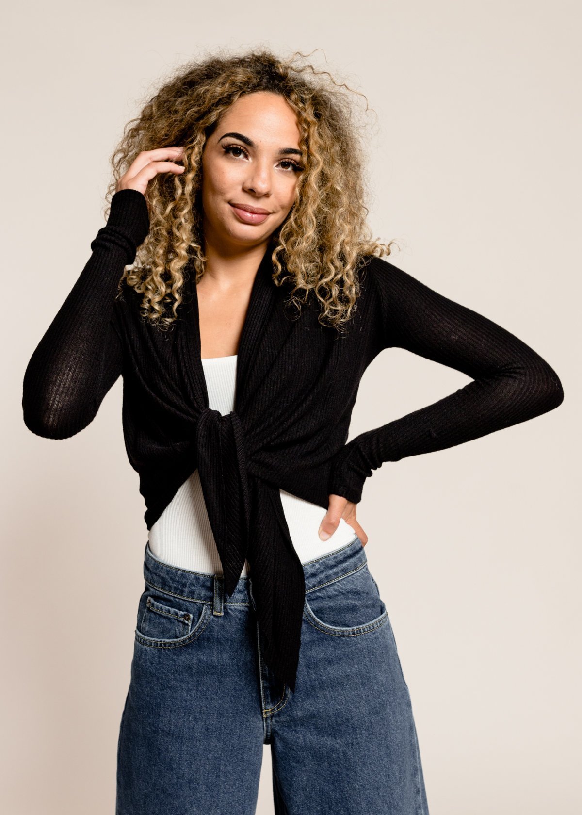 Front Tie Cardigan Rib Sweater Knit 