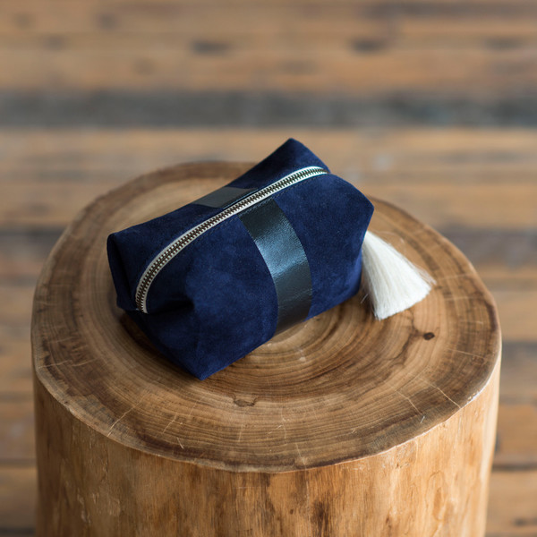 Kempton & Co Small Suede Stripe Tassel Cosmetic Case Navy Kempton & Co Small Suede Stripe Tassel Cosmetic Case Navy