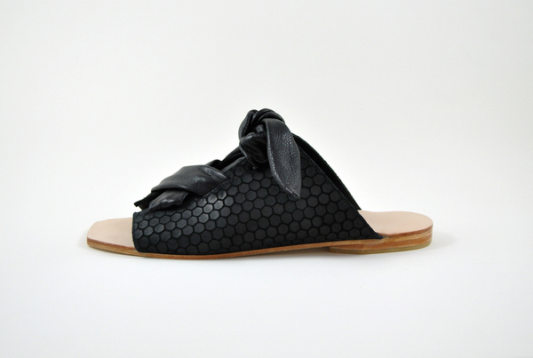 The Palatines Texo sandal - Black hex leather with shiny black ties The Palatines Texo sandal - Black hex leather with shiny black ties