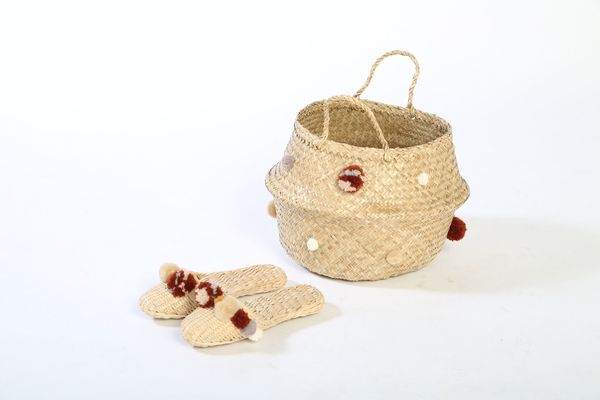 Folk Fortune Handwoven pom pom slippers in Potters Clay Folk Fortune Handwoven pom pom slippers in Potters Clay