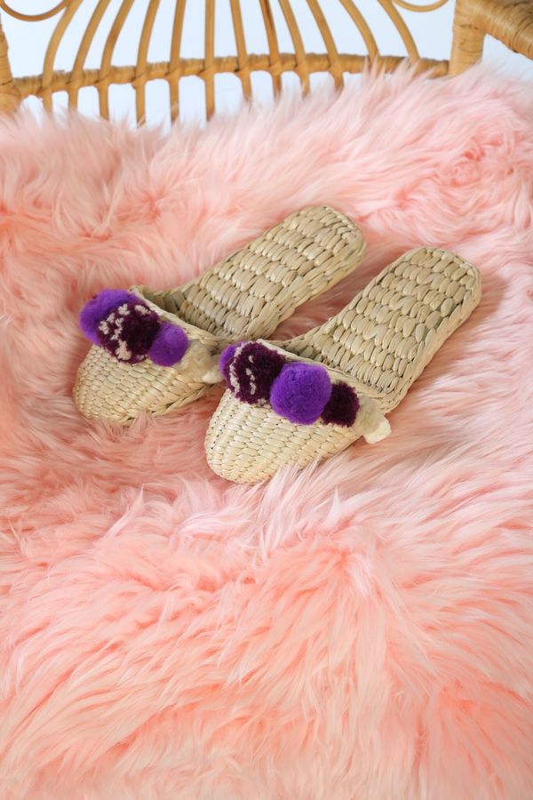 Folk Fortune taupe and plum pom pom slippers Folk Fortune taupe and plum pom pom slippers