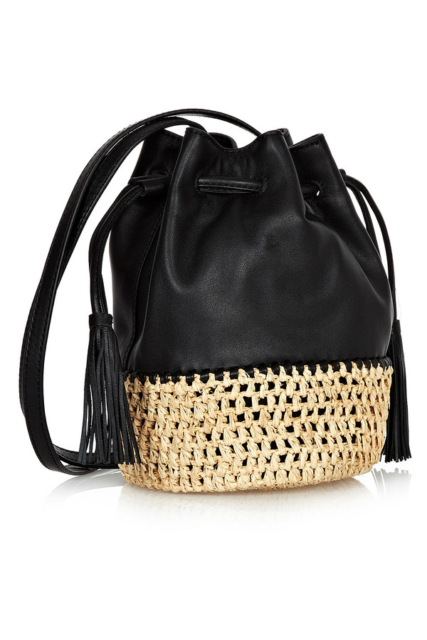 Loeffler Randall - Black Leather Bucket Bag With Woven Raffia Loeffler Randall - Black Leather Bucket Bag With Woven Raffia
