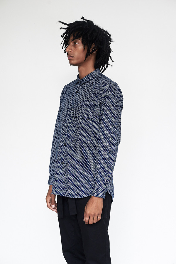 Men's Assembly New York Cotton Indigo Print Poet Shirt Men's Assembly New York Cotton Indigo Print Poet Shirt