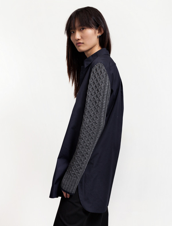 Ys by Yohji Yamamoto Womens Knit Sleeve Shirt Navy/Grey Ys by Yohji Yamamoto Womens Knit Sleeve Shirt Navy/Grey