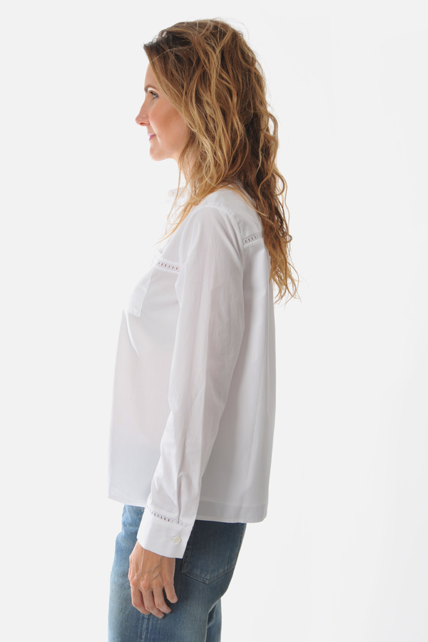 Maud Heline Cropped White Bazal Shirt With Lace and Back Panel Maud Heline Cropped White Bazal Shirt With Lace and Back Panel