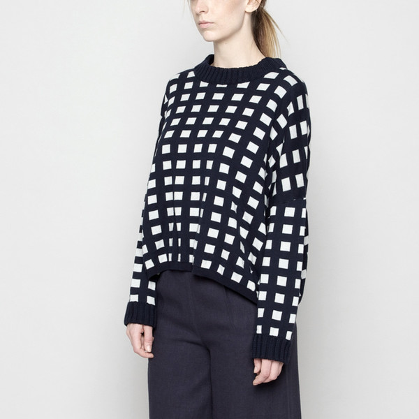 7115 by Szeki Mock-Neck Cotton Plaid Sweater - Navy FW16 7115 by Szeki Mock-Neck Cotton Plaid Sweater - Navy FW16