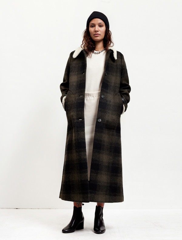 MM6 by Maison Margiela Womens Long Plaid Coat With Shearling MM6 by Maison Margiela Womens Long Plaid Coat With Shearling