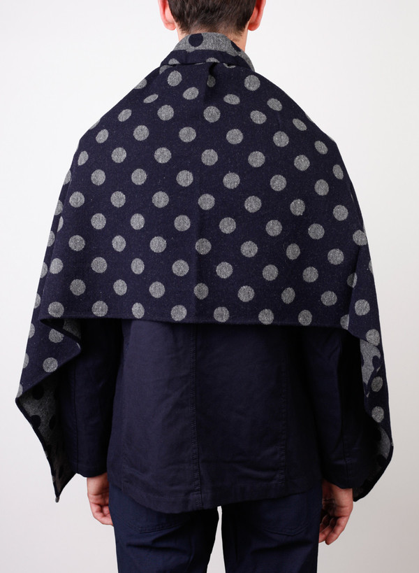 Engineered Garments Button Shawl Navy/Grey Polka Dot Jacquard Engineered Garments Button Shawl Navy/Grey Polka Dot Jacquard