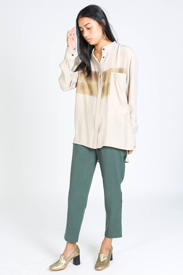 Vincetta Print banded collar shirt in sand Vincetta Print banded collar shirt in sand