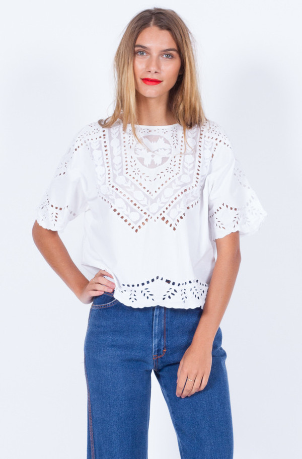 Yo Vintage! WHITE COTTON CUT OUT BLOUSE (SMALL-MEDIUM) Yo Vintage! WHITE COTTON CUT OUT BLOUSE (SMALL-MEDIUM)