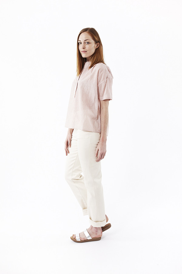 Jenni Kayne Striped Cotton Gathered Short Sleeve Shirt in Terracotta Jenni Kayne Striped Cotton Gathered Short Sleeve Shirt in Terracotta