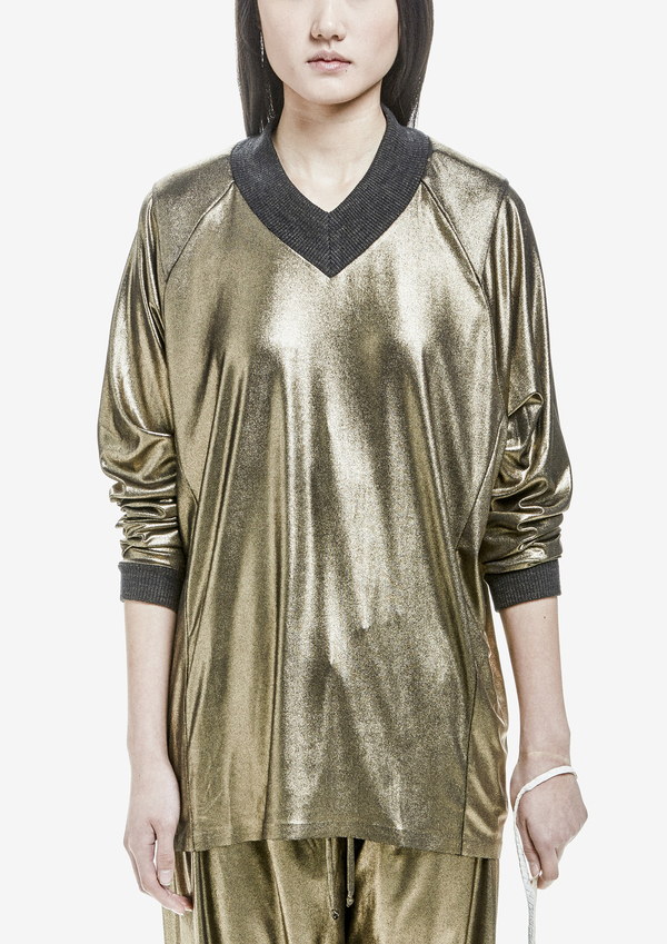Berenik Sweater Long Sleeve V-Collar Metallic Cotton Jersey Gold Berenik Sweater Long Sleeve V-Collar Metallic Cotton Jersey Gold