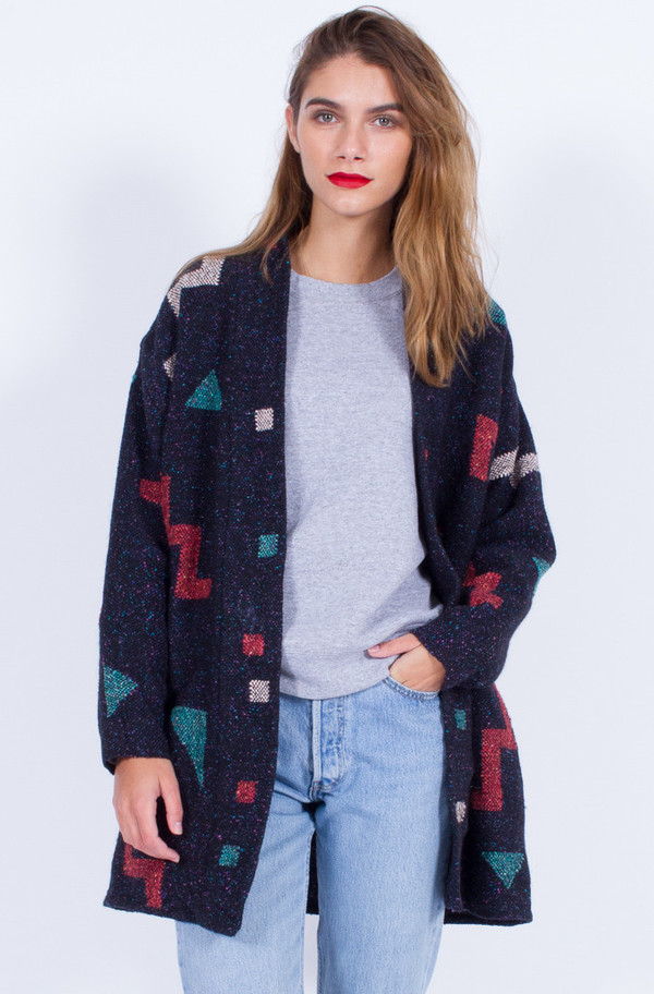 Yo Vintage! NAVY WOOL SHAPES KNIT COATIGAN (ONE SIZE) Yo Vintage! NAVY WOOL SHAPES KNIT COATIGAN (ONE SIZE)