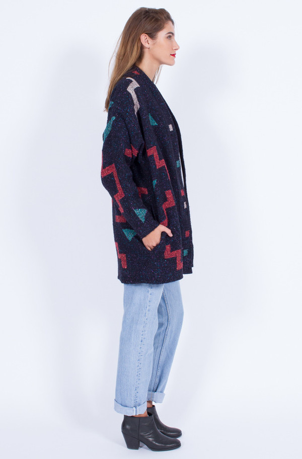 Yo Vintage! NAVY WOOL SHAPES KNIT COATIGAN (ONE SIZE) Yo Vintage! NAVY WOOL SHAPES KNIT COATIGAN (ONE SIZE)