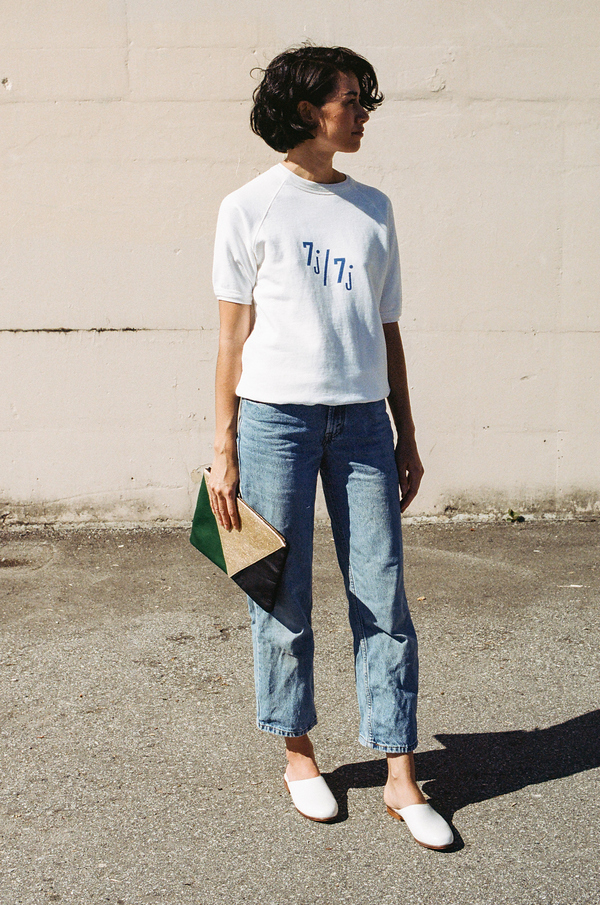 Clare V Short Sleeve Sweatshirt- white with royal blue Clare V Short Sleeve Sweatshirt- white with royal blue