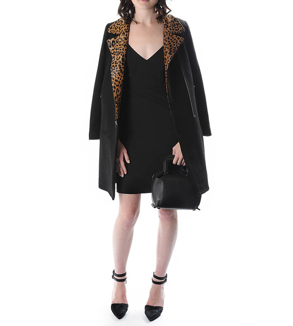 Mason By Michelle Mason Black Moto Coat with Pony Hair Lapel Mason By Michelle Mason Black Moto Coat with Pony Hair Lapel