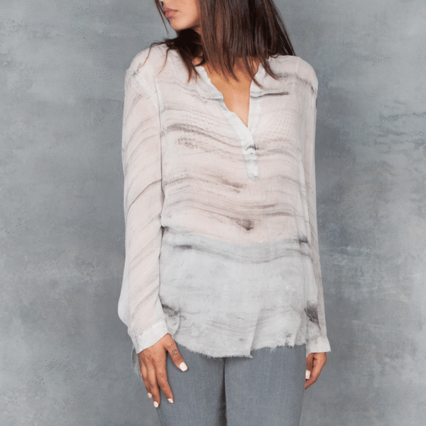 Raquel Allegra Sheer Henley Blouse in Grey Marble Sheer Silk Raquel Allegra Sheer Henley Blouse in Grey Marble Sheer Silk