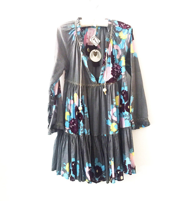 Yvonne S Mini Hippy Dress - Elephant Grey with Big Flower Yvonne S Mini Hippy Dress - Elephant Grey with Big Flower