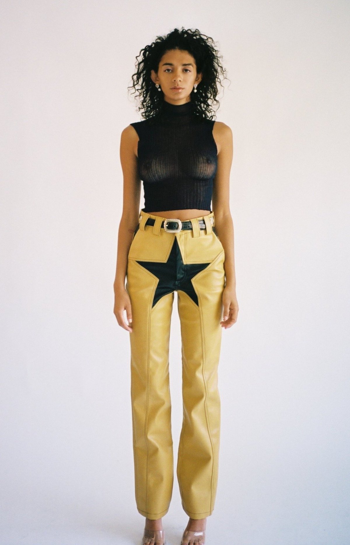 yellow faux leather pants