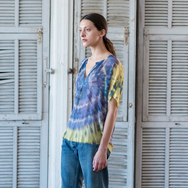 Raquel Allegra Tie Dye Short Sleeve Shirred Blouse Raquel Allegra Tie Dye Short Sleeve Shirred Blouse