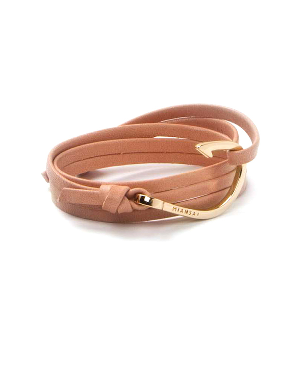 Miansai Gold Fish Hook And Salmon Pink Leather Wrap Bracelet Miansai Gold Fish Hook And Salmon Pink Leather Wrap Bracelet