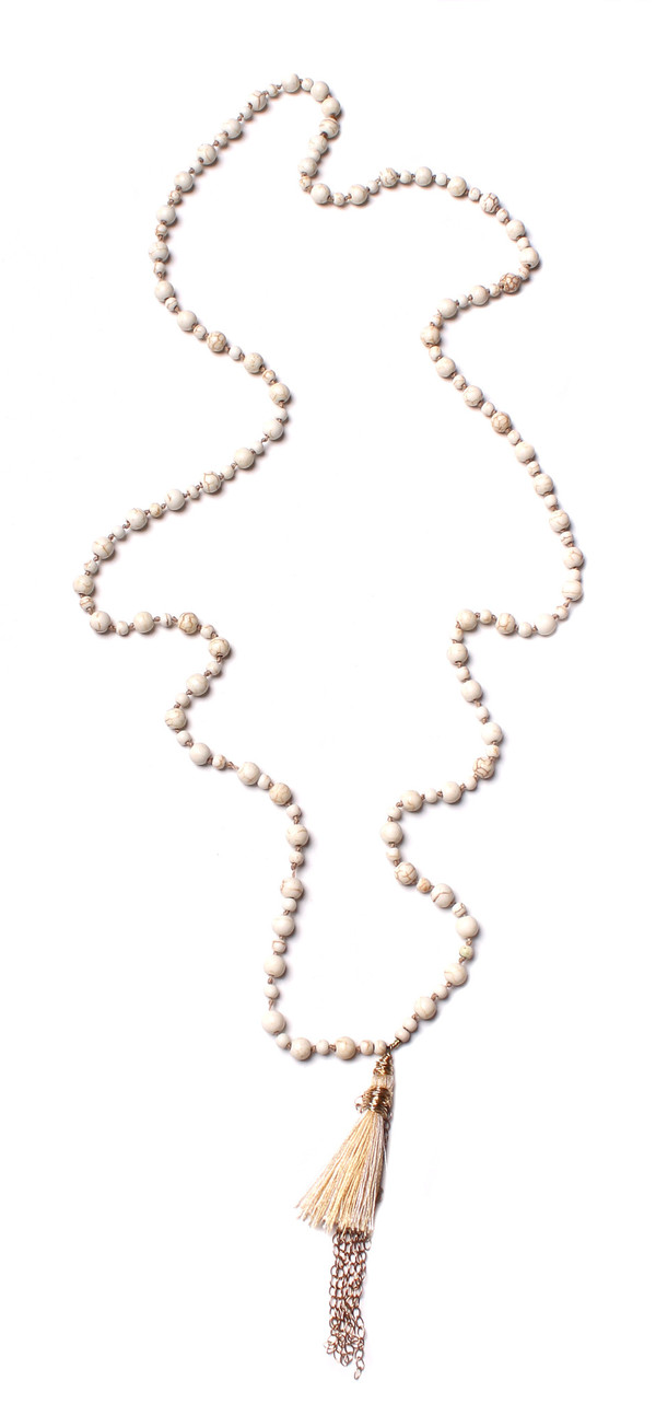 James and Jezebelle Howlite Beads & Gold Tassel Necklace James and Jezebelle Howlite Beads & Gold Tassel Necklace