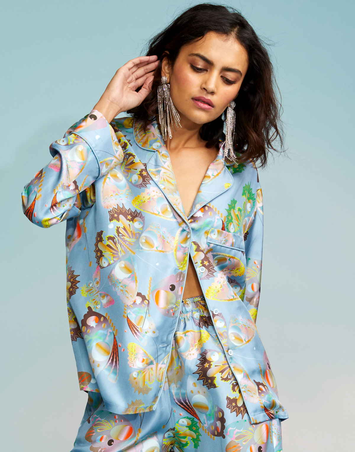 Cynthia Rowley Silk Pajama Shirt - Blue 