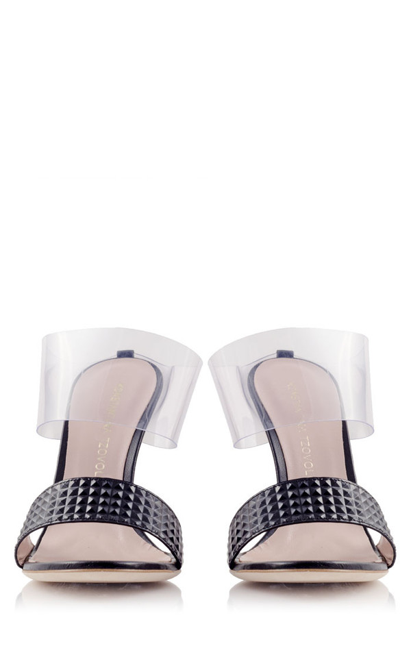 Konstantina Tzovolou Prinicipessa Pyramid Black Leather and PVC Mule Konstantina Tzovolou Prinicipessa Pyramid Black Leather and PVC Mule
